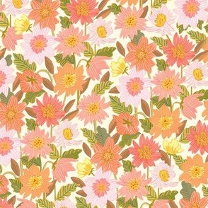 Boho Pink , Orange and Coral Flowers | Small Version | Hand-Painted Pattern
