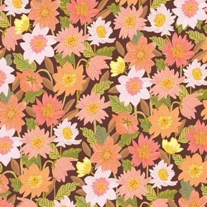 Boho Pink, Orange and Coral Flowers with Brown Background| Small Version | Hand-Painted Pattern 