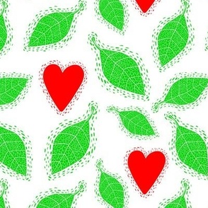 Red hearts and green leaves