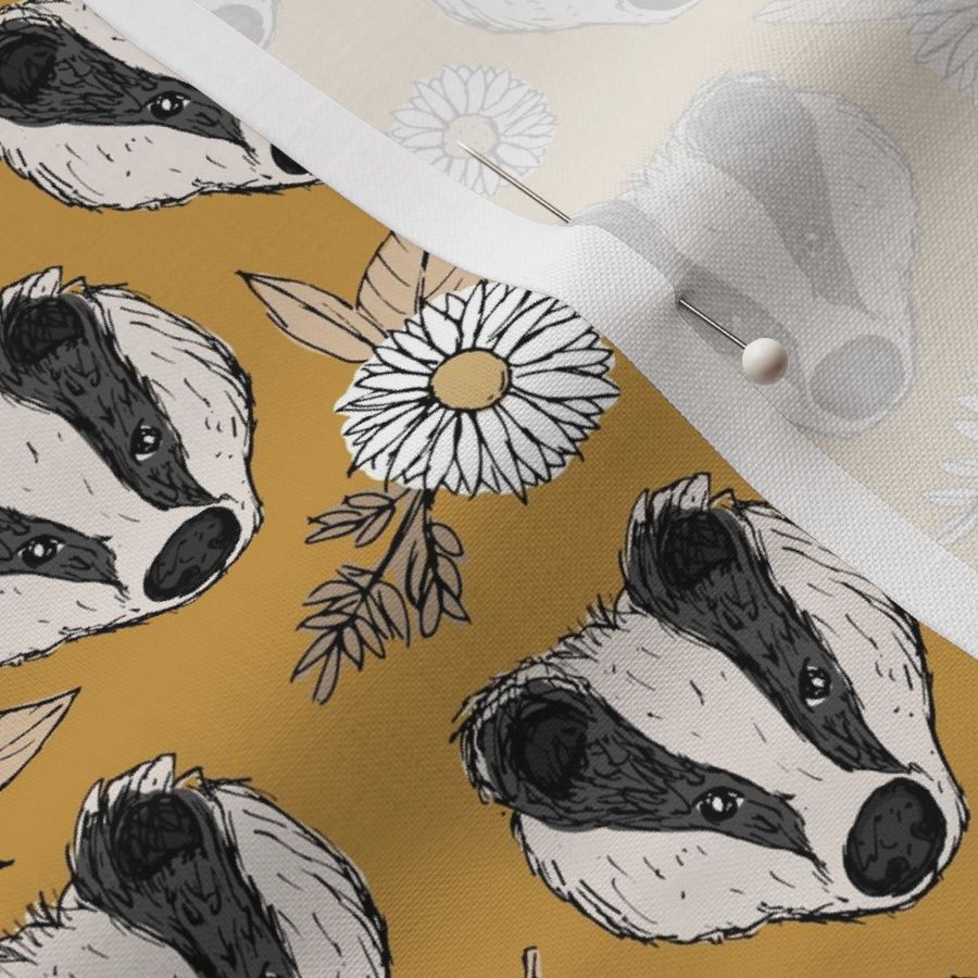 Badger friends woodland garden sweet hand drawn badgers daisies and leaves neutral beige on ochre yellow