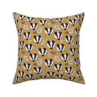 Badger friends woodland garden sweet hand drawn badgers daisies and leaves neutral beige on ochre yellow