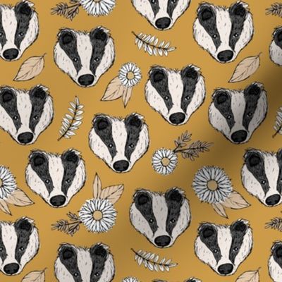 Badger friends woodland garden sweet hand drawn badgers daisies and leaves neutral beige on ochre yellow