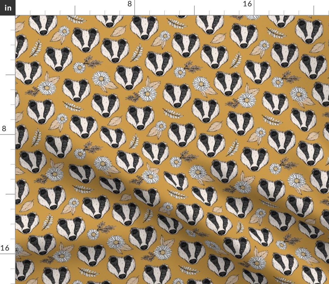 Badger friends woodland garden sweet hand drawn badgers daisies and leaves neutral beige on ochre yellow
