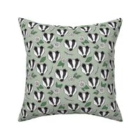 Badger friends woodland garden sweet hand drawn badgers daisies and leaves sage green