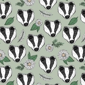 Badger friends woodland garden sweet hand drawn badgers daisies and leaves sage green