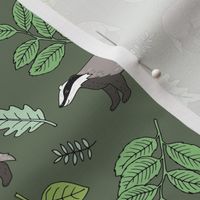 Leaves and badgers woodland animal garden lime mint green on olive green 