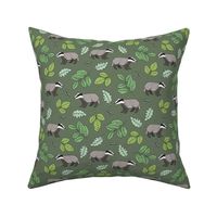 Leaves and badgers woodland animal garden lime mint green on olive green 