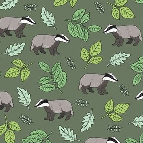 Leaves and badgers woodland animal garden lime mint green on olive green 