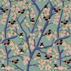 Birds in a flowering tree - Medium Size