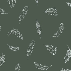 Hand Drawn Feathers White On Sage Green Large