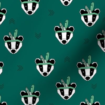 geometric ethnic badger friends with feathers mint gray on pine green 