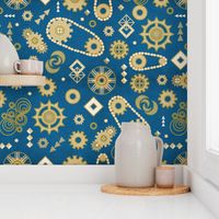 Steampunk Gears Art deco stylization of Steampunk Gold on Teal blue with Leather texture Medium scale