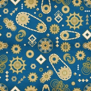 Steampunk Gears Art deco stylization of Steampunk Gold on Teal blue with Leather texture Medium scale