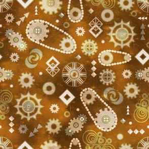 Steampunk Gears Art deco stylization of Steampunk Gold on Cognac Brown Universe Medium scale