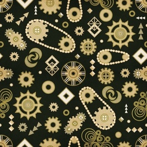 Steampunk Gears Art deco stylization of Steampunk Gold on Black with Leather texture Medium scale