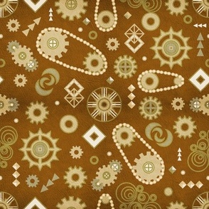 Steampunk Gears Art deco stylization of Steampunk Gold on Cognac Brown with Leather texture Medium scale