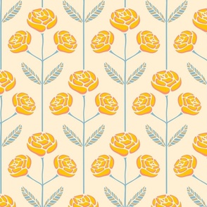 Lola Rose Symmetrical Retro Mid-Century Modern Floral in Cottage Yellow Orange Blue Gray - MEDIUM Scale - UnBlink Studio by Jackie Tahara