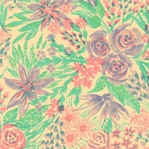 Hand drawn flowers in vintage colors Dusty orange, dusty violet and dusty mint Medium scale