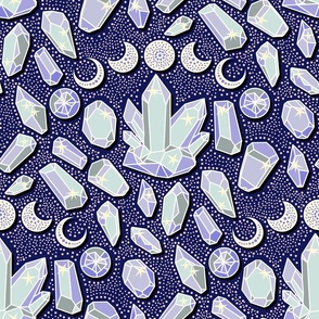 Dreamy magical crystals in seaglass, lilac and cotton candy matching with petal solids on dark blue background Large scale