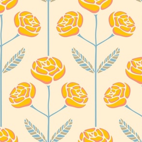 Lola Rose Symmetrical Retro Mid-Century Modern Floral in Cottage Yellow Orange Blue Gray - LARGE Scale - UnBlink Studio by Jackie Tahara
