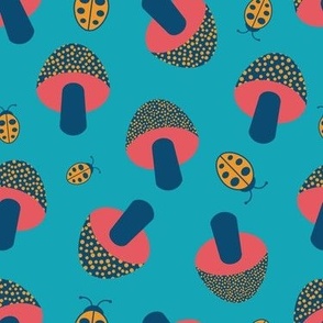 Modern Mushrooms ( + Ladybugs ) - Coral Pink + Navy Blue + Orange on Blue