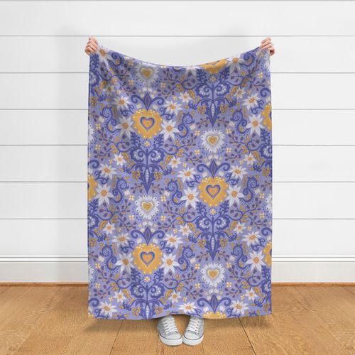 Boho floral and love hearts in golden yellow and pastel blue violet, large scale