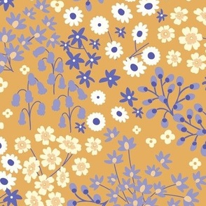 Happy Indie garden flowers in gold, purple, blue and yellow large scale