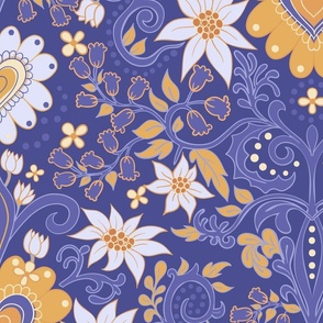 Boho floral and love hearts in sunny yellow and violet blue, large scale
