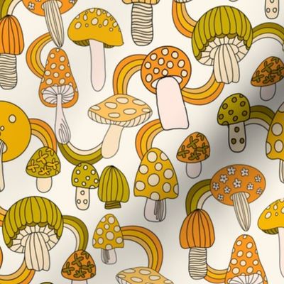 70s mushrooms fabric - retro shrooms fabric - avocado green, yellow, orange