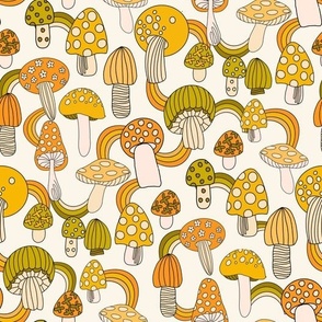 70s mushrooms fabric - retro shrooms fabric - avocado green, yellow, orange