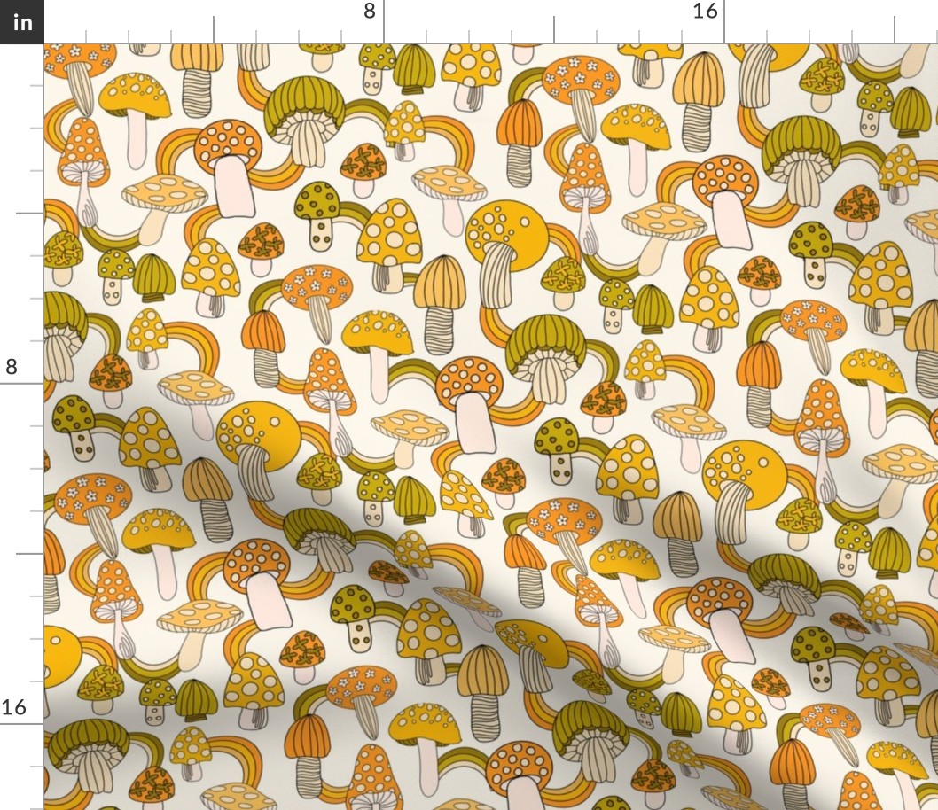 70s mushrooms fabric - retro shrooms fabric - avocado green, yellow, orange