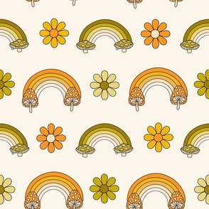 70s mushroom rainbow fabric - retro rainbow design