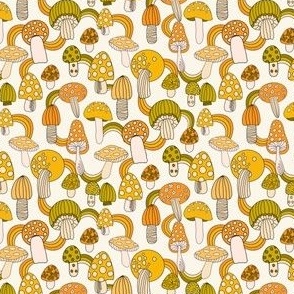 small 70s mushrooms fabric - retro shrooms fabric - avocado green, yellow, orange