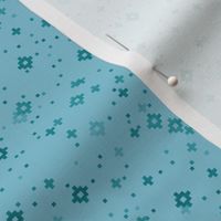 pixelated stars - dark teals and blues on bright medium blue - ELH