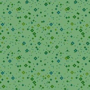 pixelated stars - dark blues and greens on medium green - ELH