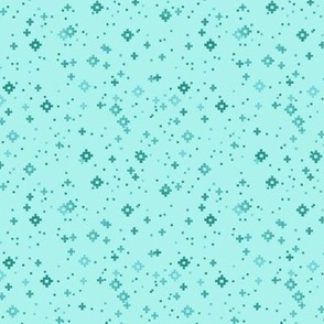 pixelated stars - dark greens and teals on bright robin's egg blue - ELH