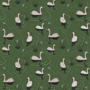 291 - Graceful white swans on the pond among the reeds - large scale for wallpaper, bed linen, home decor items - leafy green background