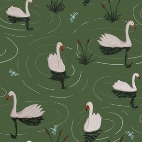 291 $ - Graceful white swans on the pond among the reeds - large scale for wallpaper, bed linen, home decor items - leafy green background