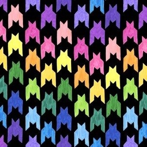 Illustrated colourful vertical houndstooth on black