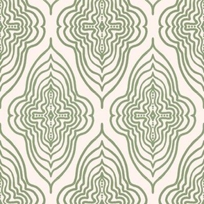 293 - Soft sage green and cream stylized medallion, jumbo scale for wallpaper and bed linen, for a classic sophisticated look