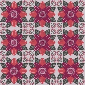 539 - Stylised lotus flower in deep purple/burgundy and coral, with little branches of berries for balance - large scale for bed linen, throw pillows and table linen.