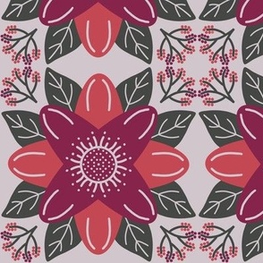 539 - Stylised lotus flower in deep purple/burgundy and coral, with little branches of berries for balance - large scale for bed linen, throw pillows and table linen.