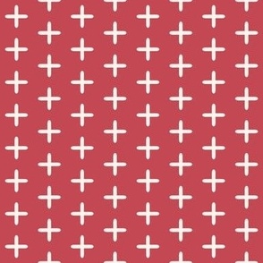 538 - Plus sign in soft cream on vibrant coral red, elegant and sophisticated for wallpaper, apparel for both kids and adults and soft furnishings.