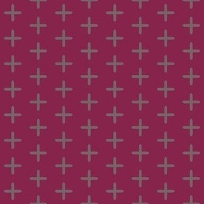 538 - Plus sign in soft grey on burgundy, elegant and sophisticated for wallpaper, apparel for both kids and adults and soft furnishings.