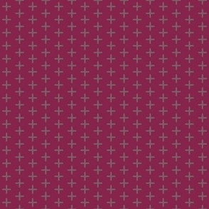 538 - Plus sign in soft grey on burgundy, elegant and sophisticated for wallpaper, apparel for both kids and adults and soft furnishings.