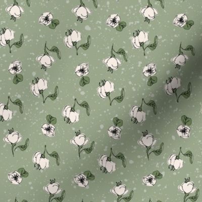 Mdm Ditzy Floral - White on Green - Medium scale