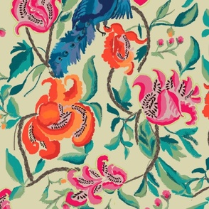 Vintage Floral and Peacock folk print brights