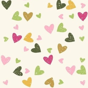 Sweet colourful love hearts in random patter with speckles - for kids apparel, girls dresses, sweet pjs, hot pink hearts, golden hearts, forest green