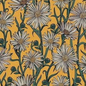 Asters (white wildflowers) on bright yellow linen background