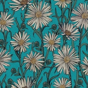 White wildflowers on a bright turquoise blue background